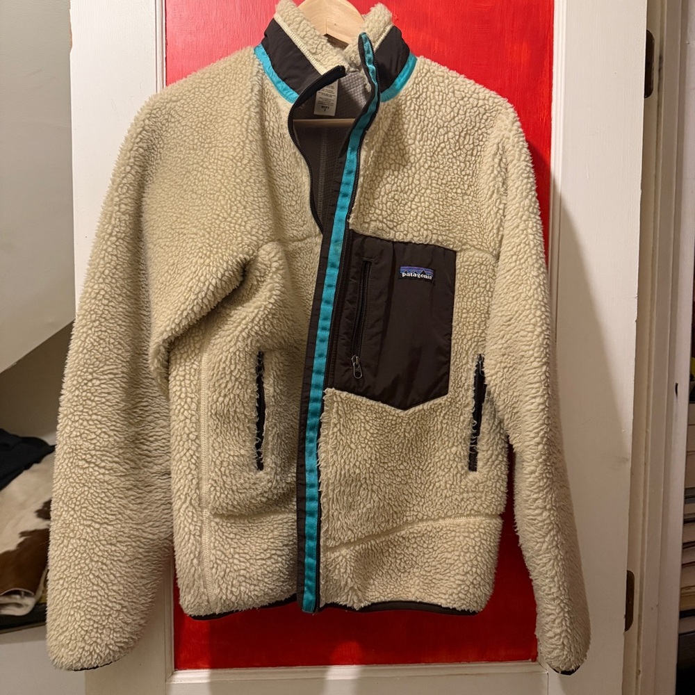 Patagonia Retro X Deep Pile Fleece Jacket Oatmeal Brown Blue SML RARE